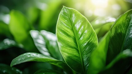 A stunning display of vibrant green leaves reflecting the brilliance of sunlight, showcasing the intricate veins and shapes, epitomizing health and abundance.