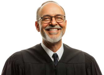 Judge man and wise isolated with dignified middle aged smiling and stern authority justice mature profession senior, legal wisdom with proud judicial presence