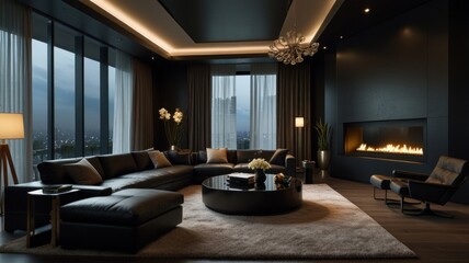Luxurious living room with a stunning deep black color palette. Luxury leather sofa, decorated with soft cushions. Textured wall panels and a flickering fireplace create a warm and inviting atmosphere