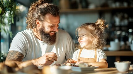A father and his young daughter share a heartwarming smile over breakfast, illustrating the joy of family bonding and the simple pleasures of togetherness in life.