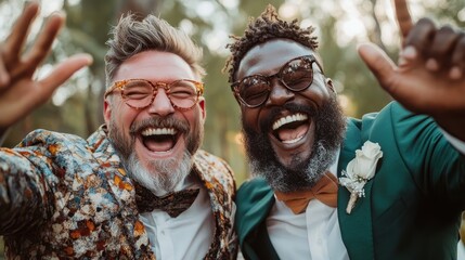 Two jubilant friends with stylish beards and glasses celebrate joyously, captured in energetic poses with wide smiles amidst a festive outdoor atmosphere.