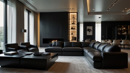 Fototapeta premium Luxurious living room with a stunning deep black color palette. Luxury leather sofa, decorated with soft cushions. Textured wall panels and a flickering fireplace create a warm and inviting atmosphere