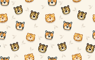 Colorful illustration of a pattern with lions, jaguars and tigers in a children's style. Art for printing on fabrics, wallpaper, gift wrap, etc.