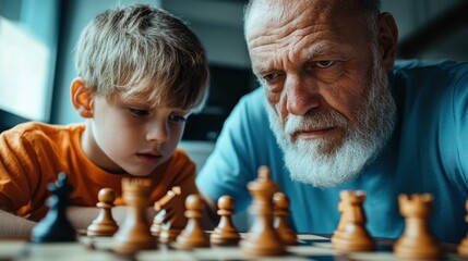 In an intense moment of concentration, a grandfather and grandson deeply focus on their chess game, highlighting the importance of strategy and family connection.