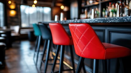 Bright red bar stools are set along a sophisticated marble counter in a warmly lit bar, providing an inviting and stylish atmosphere for social gatherings.