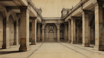 Obraz premium A vintage sketch of a grand, symmetrical, classical courtyard with large columns and arches.
