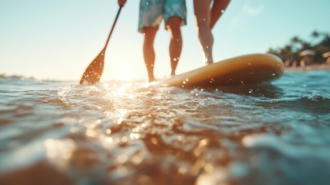 A couple enjoys paddle boarding on calm waters under a beautifully lit sky, capturing a moment of adventure and tranquility with the sun shining brightly.