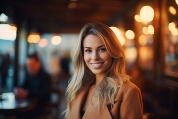 Portrait of a beautiful young woman in a cafe. Soft focus.