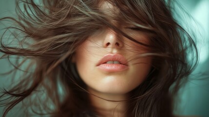 Naklejka premium A woman's partially obscured face highlights her sensuous lips framed by swirling hair, evoking a sense of hidden allure, mystery, and captivating artistry.