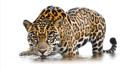 Obraz premium A full-length front-facing jaguar drinking water on the bank of a river. white background