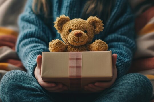 closeup of little girl hands holding a teddy bear and craft paper gift box. Safe Toys and Gifts Month concept