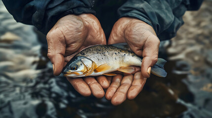 Fisherman holding and fresh fish with steady hands catch and quick lake river food sport leisure, active fishing with clear water nature