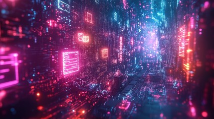 Obraz premium A mesmerizing array of floating geometric shapes illuminated by vibrant neon colors in a digital landscape of pulsating data streams