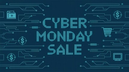 Cyber Monday Ad with Circuit Background and Shopping Icon