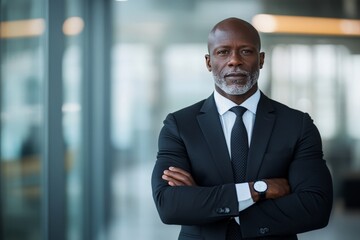 Fototapeta premium A formal businessman in a dark suit and tie stands confidently in a bright office lobby with arms crossed, signifying professionalism and leadership in a corporate setting.