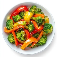 A vibrant bowl of fresh stir-fried vegetables featuring colorful bell peppers and broccoli. This healthy dish is perfect for meal prep or a quick dinner. Enjoy it as a side or main dish. AI