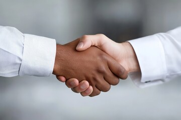 A handshake between two diverse professionals in business attire, exemplifying a deal, inclusivity, and cross-cultural collaboration in a workplace environment.