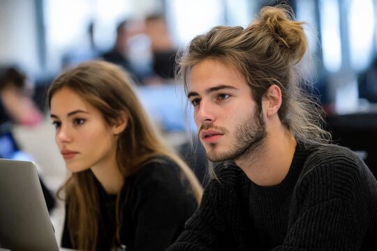 Two focused students attentively participating in a classroom environment, illustrating concentration and eagerness to learn and expand their knowledge.