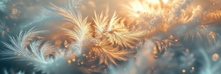 Fototapeta premium Frosty patterns emerge in intricate designs, reflecting warm light and creating an enchanting contrast against the cool backdrop of winter. Generative AI