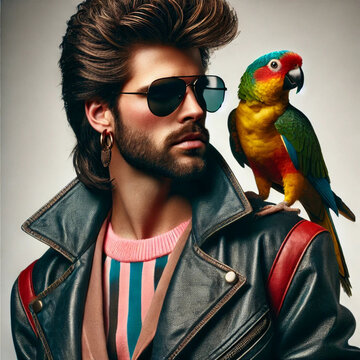 man 1980s with parot