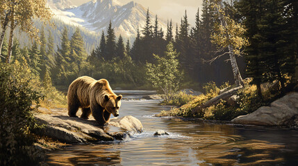 A grizzly bear fishing for salmon in a river