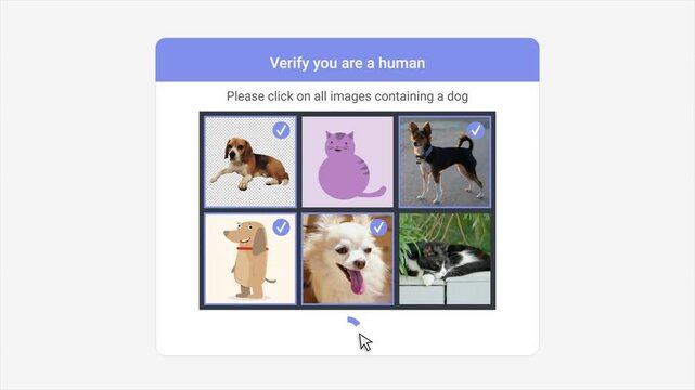 Internet page showing human or robot test recognizing images of dog or cat. I'm not a robot or verify your human sign in question on website access. Simple check using pictures of animals to verify