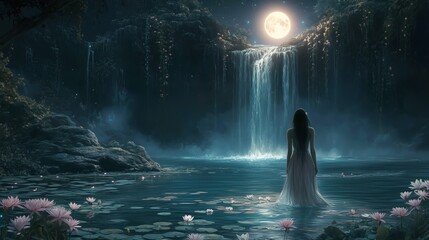 A young woman embraces the moonlit magic in a hidden grotto with a cascading waterfall and floating lilies