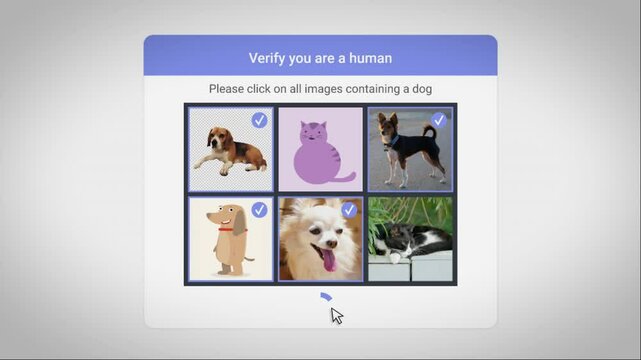 Sign in text on website checking if user is human or a.i. or robot using images. Questionnaire to verify if person accessing site is human being or machine. Recognize and identify pictures of animals