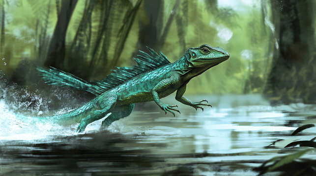 A green basilisk lizard running on water