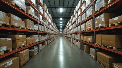Fototapeta premium A vast storage facility brimming with packages organized on towering shelves for efficient inventory management