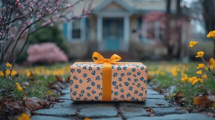A bright gift package awaits at the sunny entrance of a charming suburban home on a delightful spring day