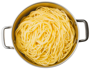 Traditional spaghetti pot from top view isolated with yellow raw Italian preparation. Cuisine lunch overhead creating pasta cooking perfection