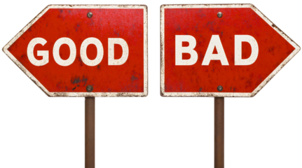 Good bad sign showing isolated positive negative choices with choose like dislike options. Confused agree moment creating decision contrast