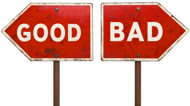 Good bad sign showing isolated positive negative choices with choose like dislike options. Confused agree moment creating decision contrast
