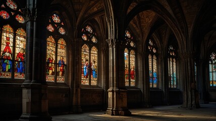 Fototapeta premium A row of stained glass windows in a cathedral, casting colorful light on the stone floor.