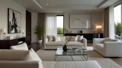 Modern living room with a calm atmosphere bathed in soft natural light. Clean white walls and a plush white sofa create a clean and airy atmosphere.