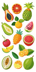 A vibrant collection of tropical fruits, perfect for adding a taste of the tropics to your designs. This set includes a variety of fruits, including pineapples, watermelon, papaya, guava, and more.