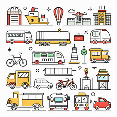 A colorful illustration of a variety of transportation methods, including buses, trains, cars, bicycles, hot air balloons, ships, and airplanes. Perfect for a travel or transportation themed design.