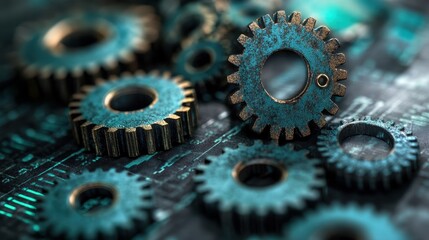 Intricate gears and mechanisms on a circuit board background a glimpse into the intersection of technology and industry design