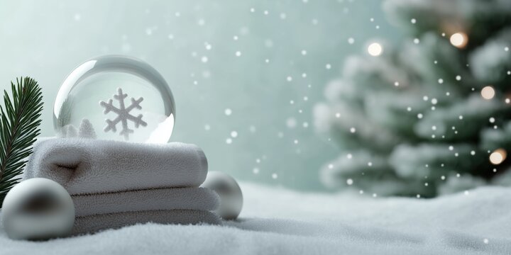 Winter spa serenity: snowflake theme with towels and snow globe