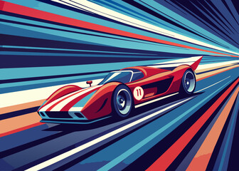 A vibrant illustration of a red and white race car speeding through a blur of colors, capturing the thrill and energy of motorsports. This dynamic graphic is ideal for automotive projects.