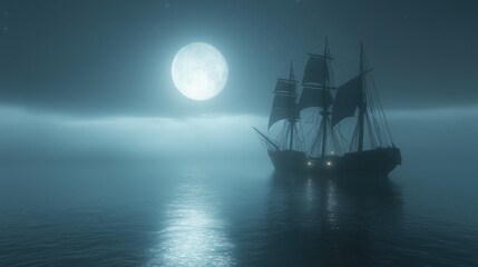 A majestic ship glides silently through moonlit fog, lanterns glowing softly as it ventures into the night’s mystery