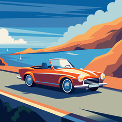 Fototapeta premium A classic red convertible car drives along a scenic coastal road, with the ocean and mountains in the background. The illustration evokes a sense of adventure and freedom, perfect for travel brands.