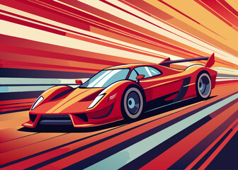A stylized illustration of a red sports car speeding down a road. The car is depicted with vibrant colors and bold lines, creating a dynamic and energetic feel.