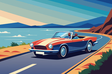 A vintage convertible car drives along a winding coastal road, with breathtaking views of the ocean and mountains. The illustration captures the essence of freedom and adventure, perfect for travel.