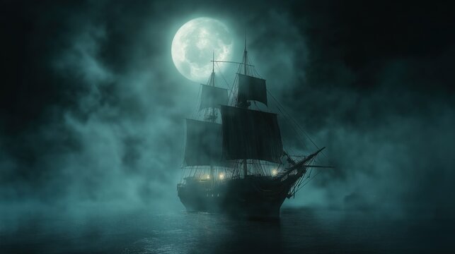 A majestic ship navigates through moonlit fog, its lanterns glowing softly in the mysterious night as it sails into the unknown