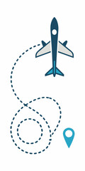 Simple illustration of an airplane with a dashed line trajectory to a destination marked by a pin. Perfect for web design, mobile apps, and presentations related to travel, transportation.