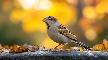 A small sparrow bird with brown, white, and grey feathers stands on a log with dried leaves in the foreground and a blurred out background of golden autumn leaves.