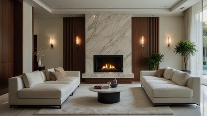 Modern living room with a calm atmosphere bathed in soft natural light. Clean white walls and a plush white sofa create a clean and airy atmosphere.