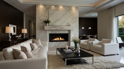 Fototapeta premium Modern living room with a calm atmosphere bathed in soft natural light. Clean white walls and a plush white sofa create a clean and airy atmosphere.